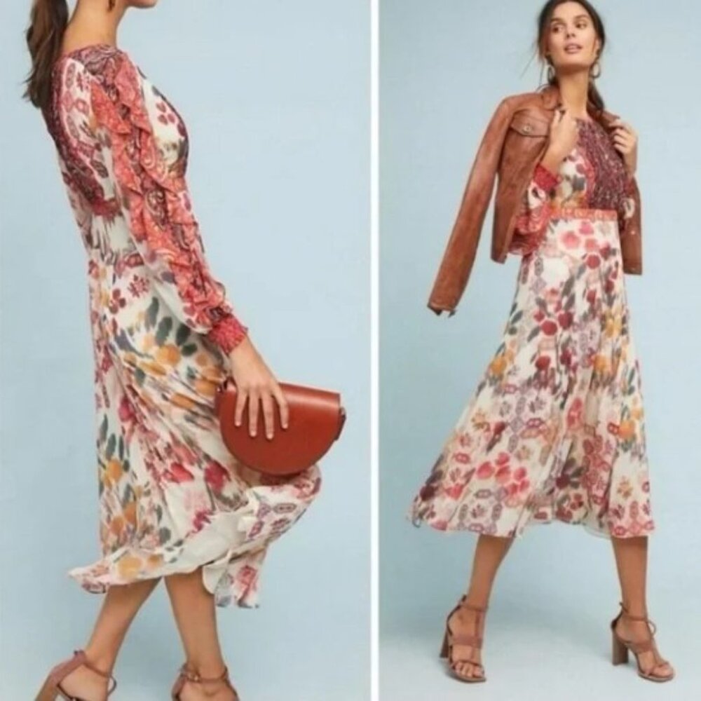 NWT* Anthropologie Multicolor Collage Ruffle Cascade Sleeve Midi Dress Sz 8